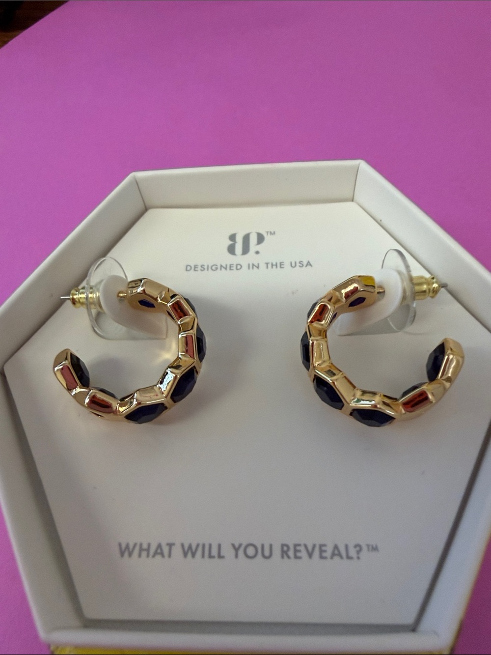 Bomb Party Gold Hoop Earrings with Black Faceted Insets